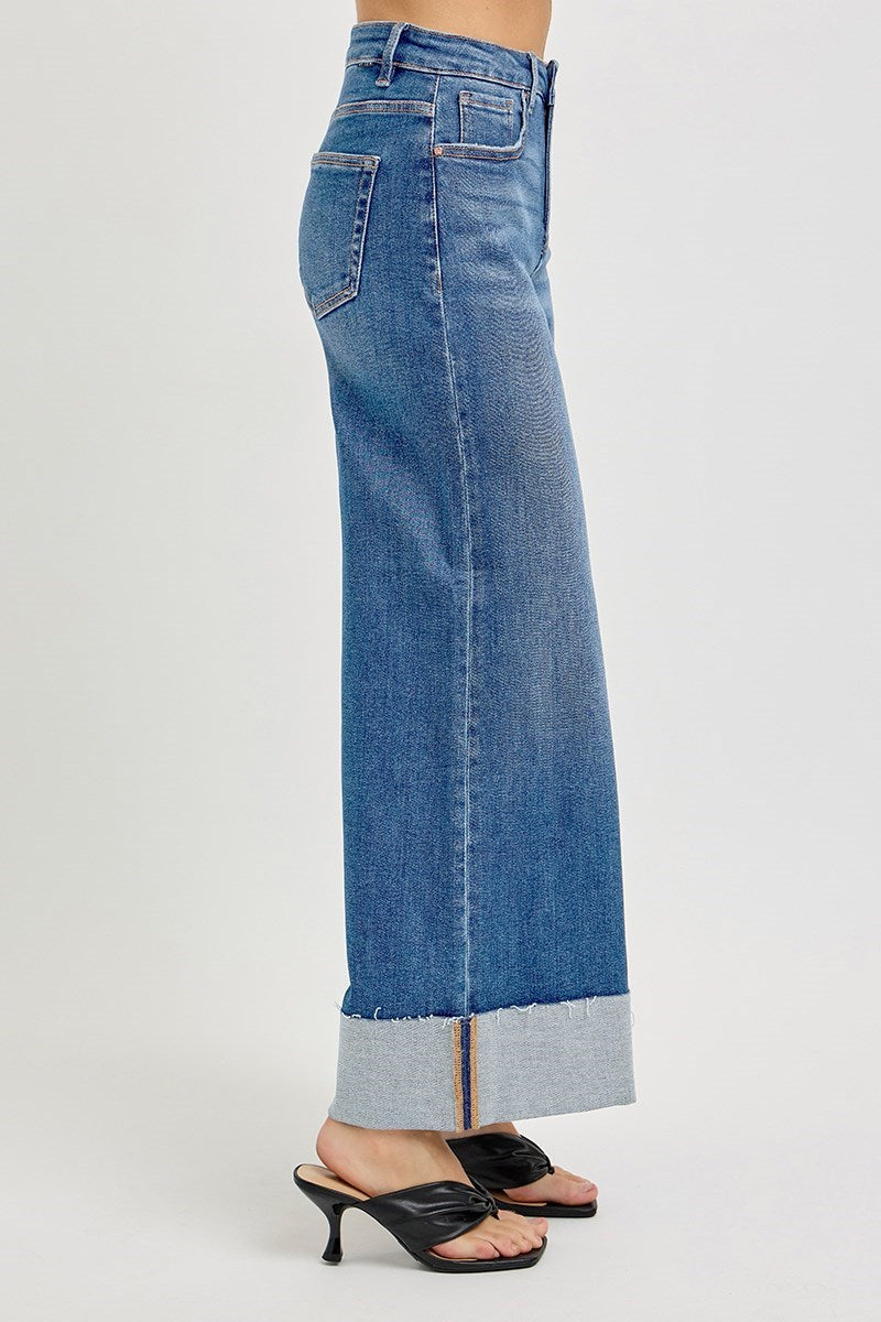 RISEN-TUMMY CONTROL HIGH RISE CROP WIDE CUFFED JEANS