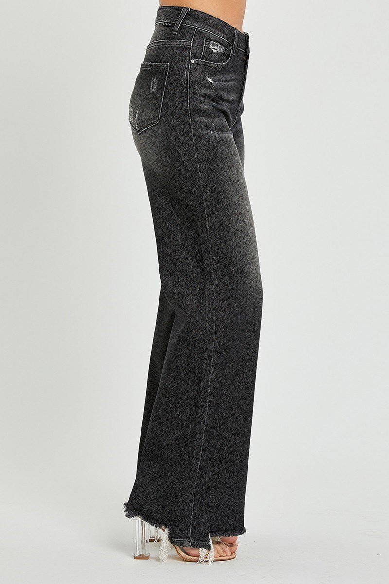 Curvy BLACK WASH HIGH RISE WIDE LEG JEANS