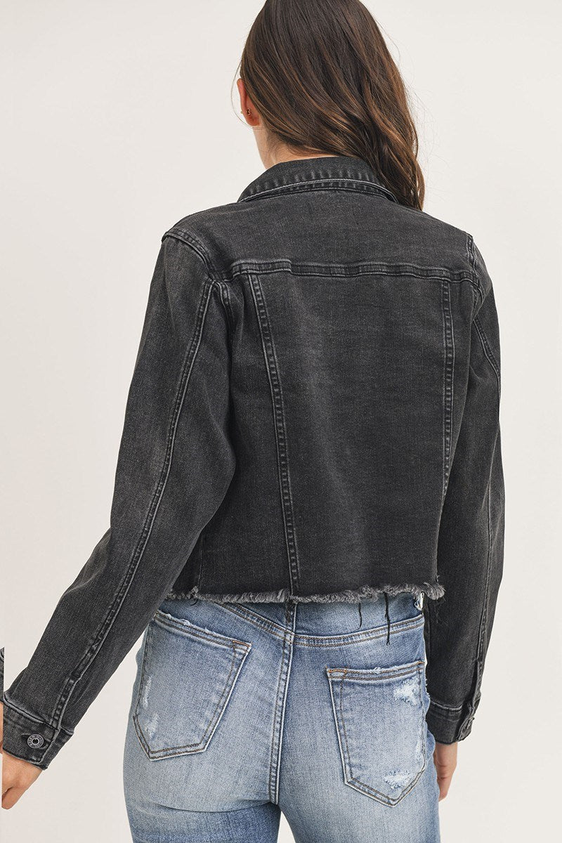 Curvy Black Wash Frayed Hem Denim Jacket