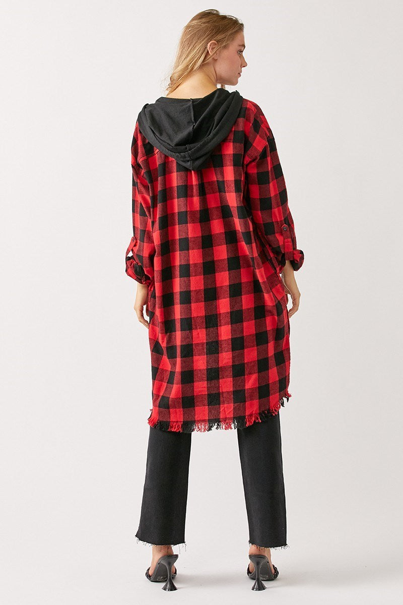 Curvy Red BUFFALO PLAID LONG SHIRT JACKET WITH HOODIE