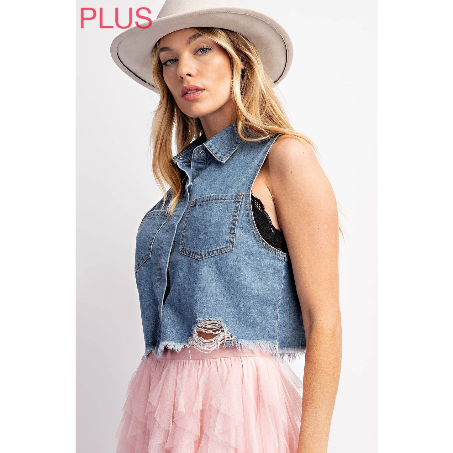 Sweet Generis - CURVY MEDIUM DENIM WASHED CROP VEST