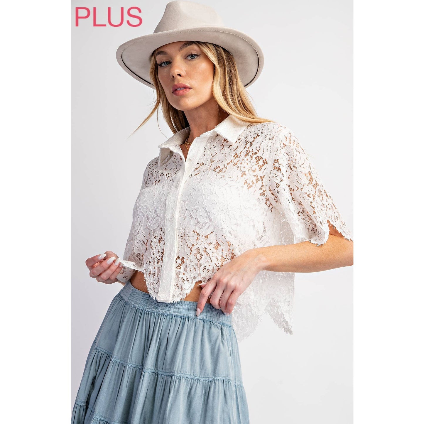 CURVY SCALLOP LACE CROP SHIRT WITH SHORT SLEEVE