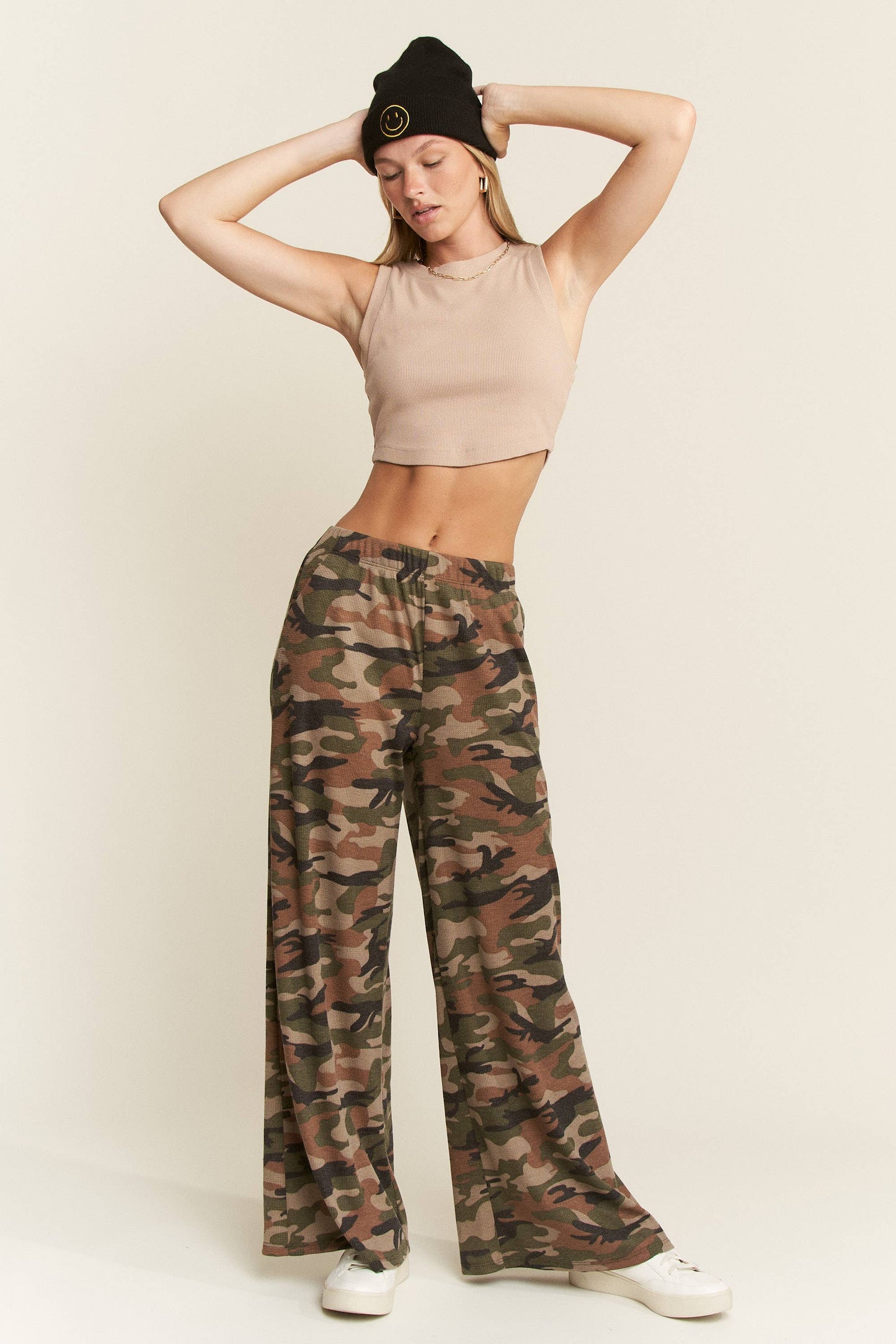 The Curvy Waffle Knit Wide Leg Camo Pants