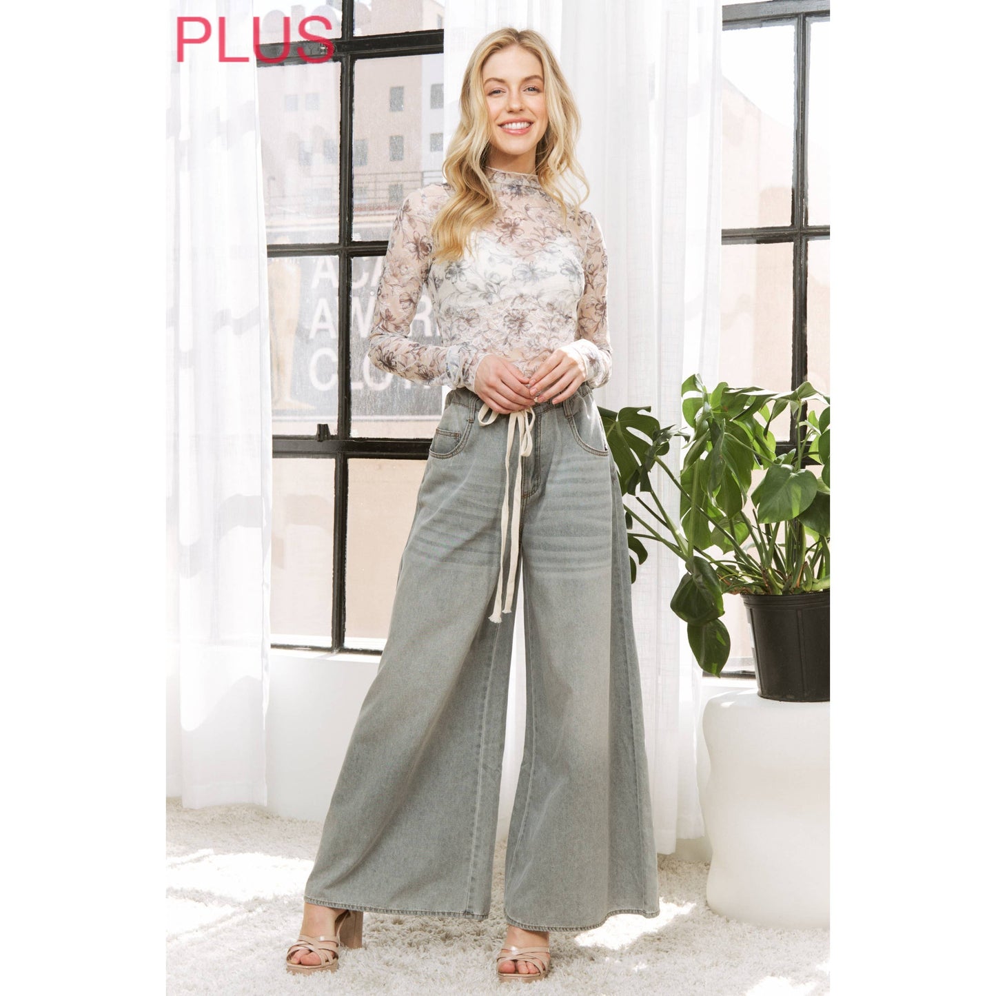 Sweet Generis - DENIM WIDE LEG OPENING PANTS WITH DRAWSTRING