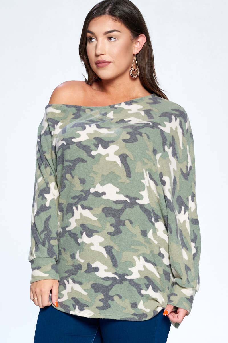 Super Soft Camo Printed Dolman Top
