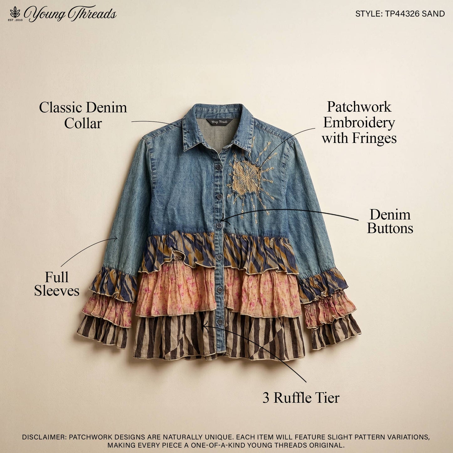 Young Threads - Vintage Boho Denim Yoke Patchwork Tiered Tunic Top NEW