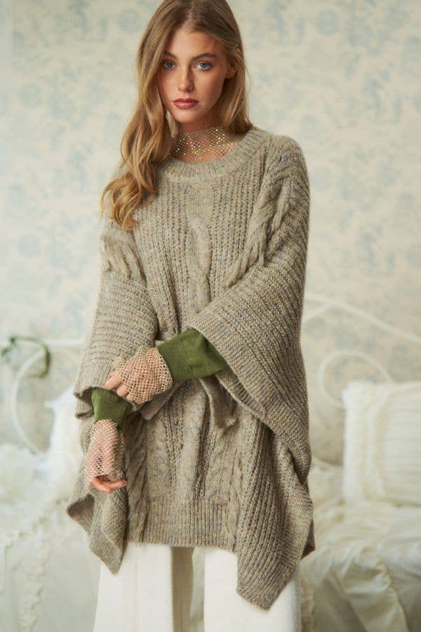 CURVY FRINGED TIE BELT FUZZY PONCHO PULLOVER TOP