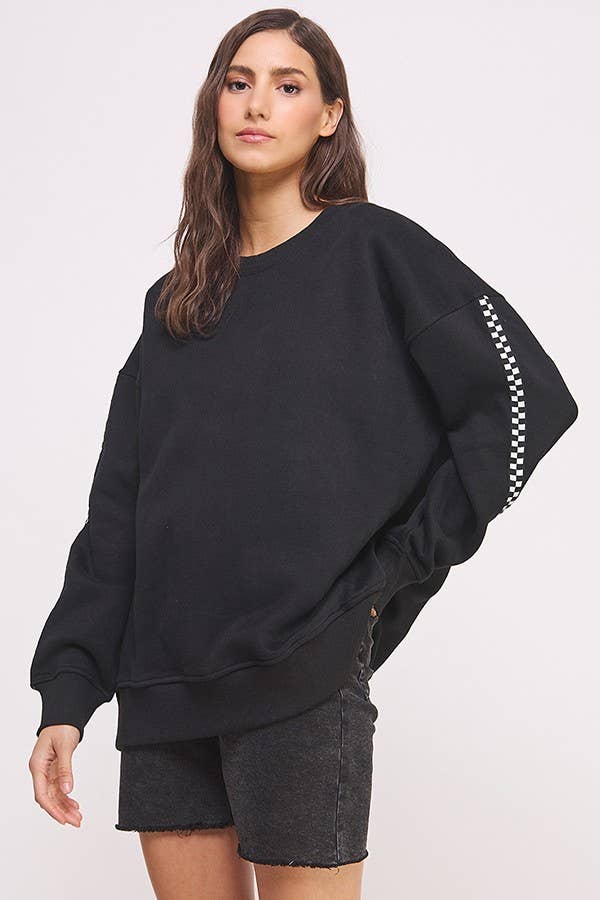 JADE BY JANE - ROUND NECK LONG CHECKERBOARD SLEEVE SWEATSHIRT