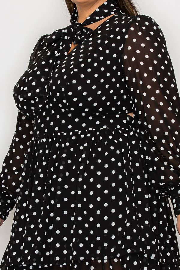 Miss Avenue - POLKA DOT TIE NECK LONG SLV CUT OUT BACK DRESS