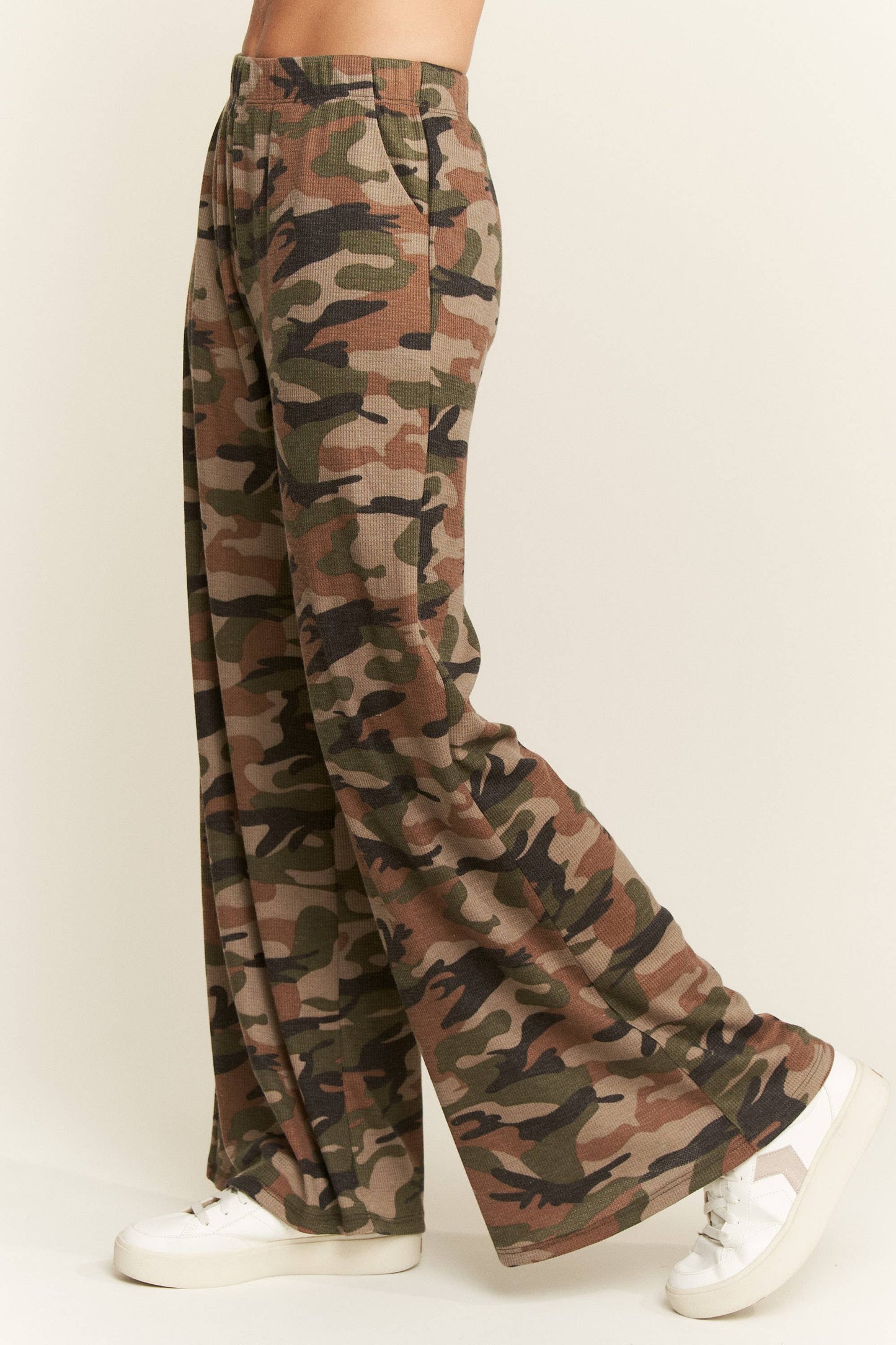 The Curvy Waffle Knit Wide Leg Camo Pants