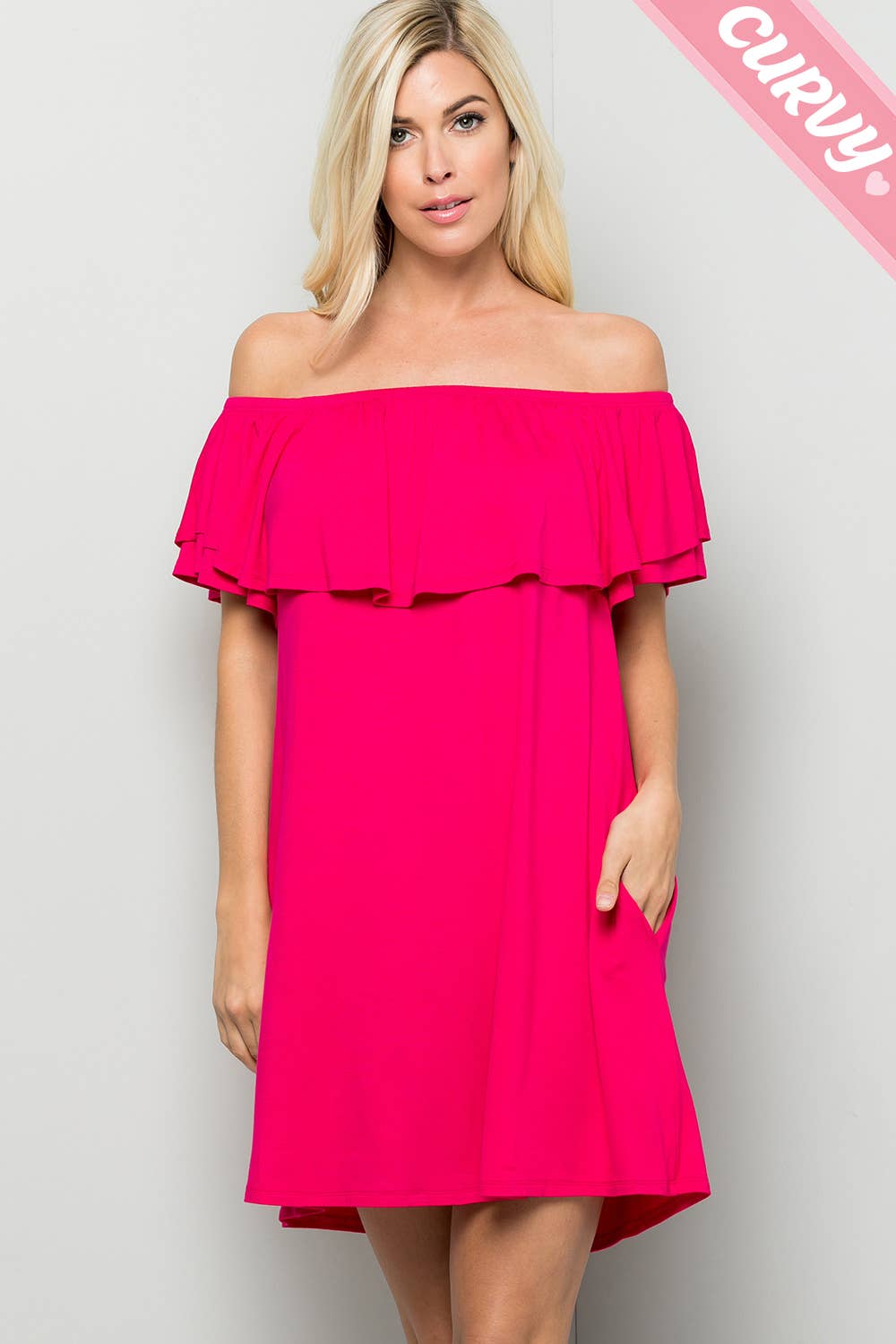 Sweet Lovely by Jen - FUSCHIA CURVY OFF SHOULDER JERSEY DRESS