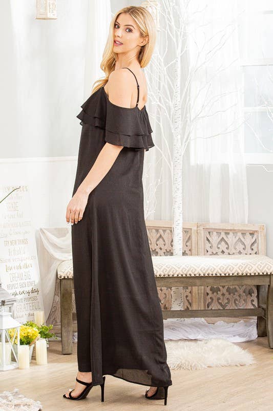 BLACK SQUARE NECK RUFFLE SHOULDER STRAP MAXI DRESS