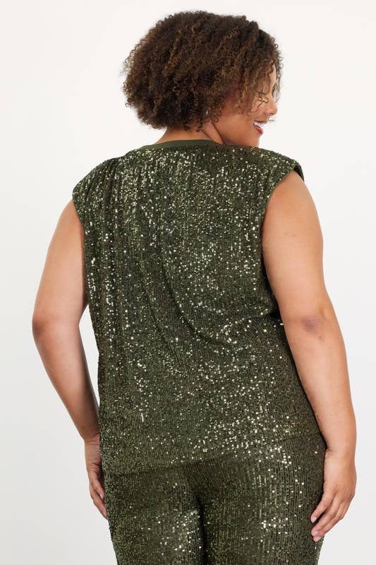 SKIES ARE BLUE - Curvy Olive Foil Cowl Neck Cami Top