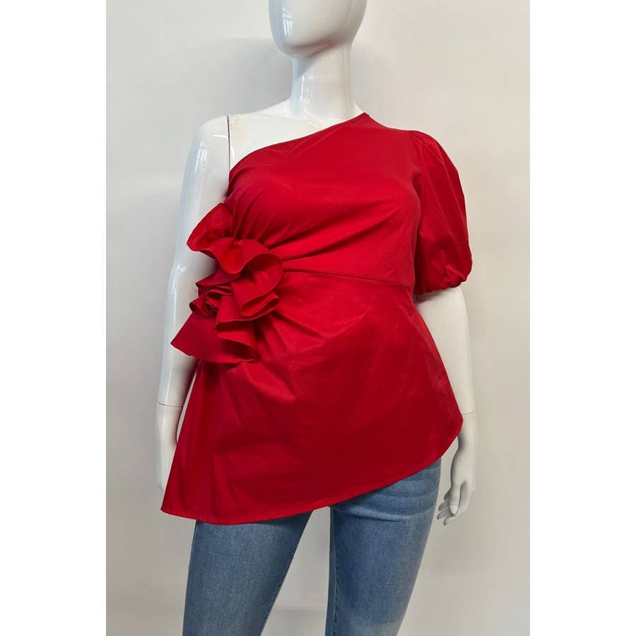 Red- Curvy Elegance One-Shoulder Hi-Lo Hem Blouse