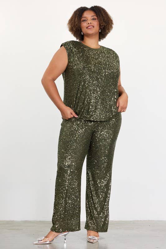 SKIES ARE BLUE - Curvy Olive Foil Cowl Neck Cami Top