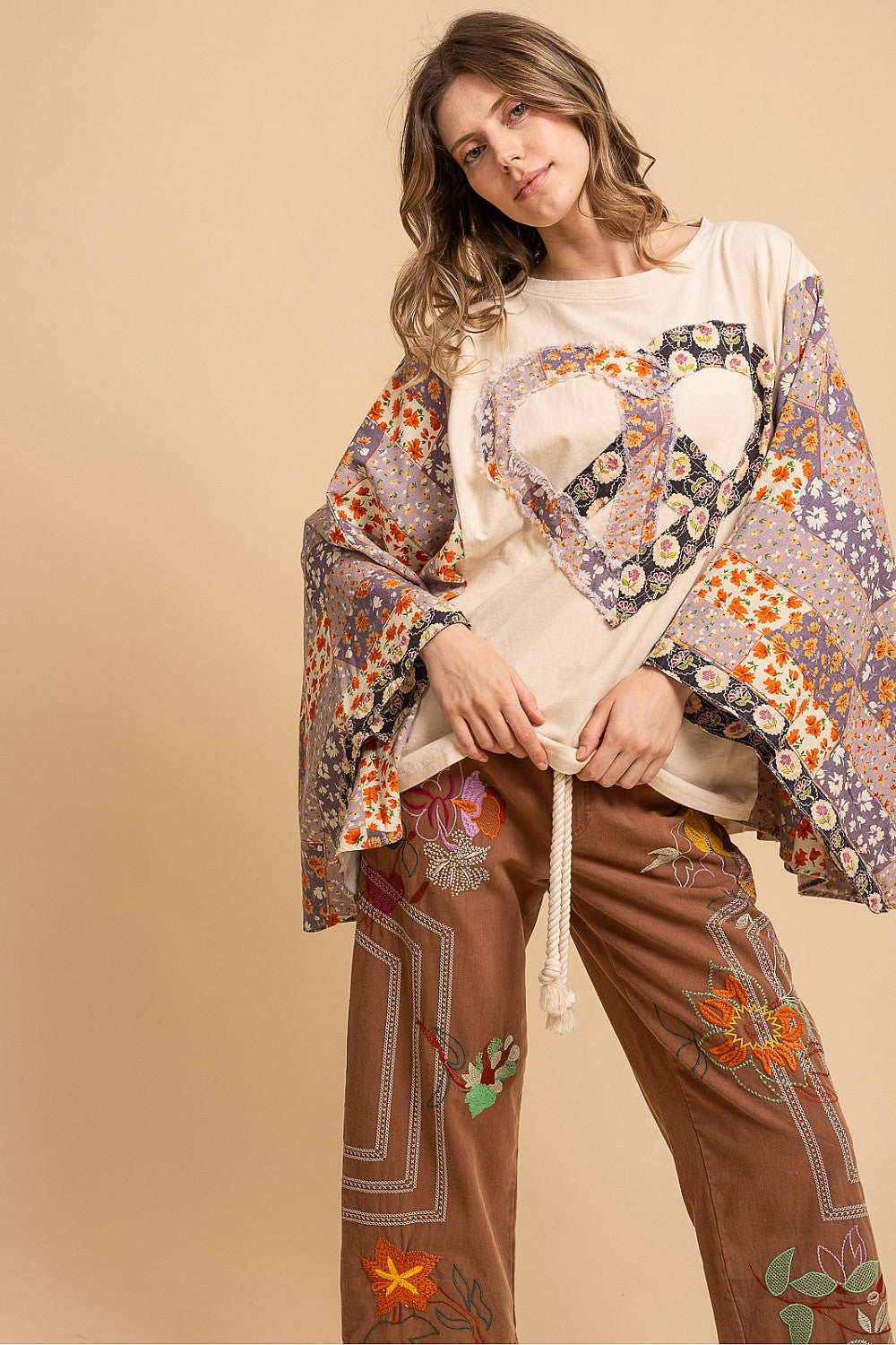 OVERSIZED HEART AND PEACE FLOWER PATCH PONCHO TOP