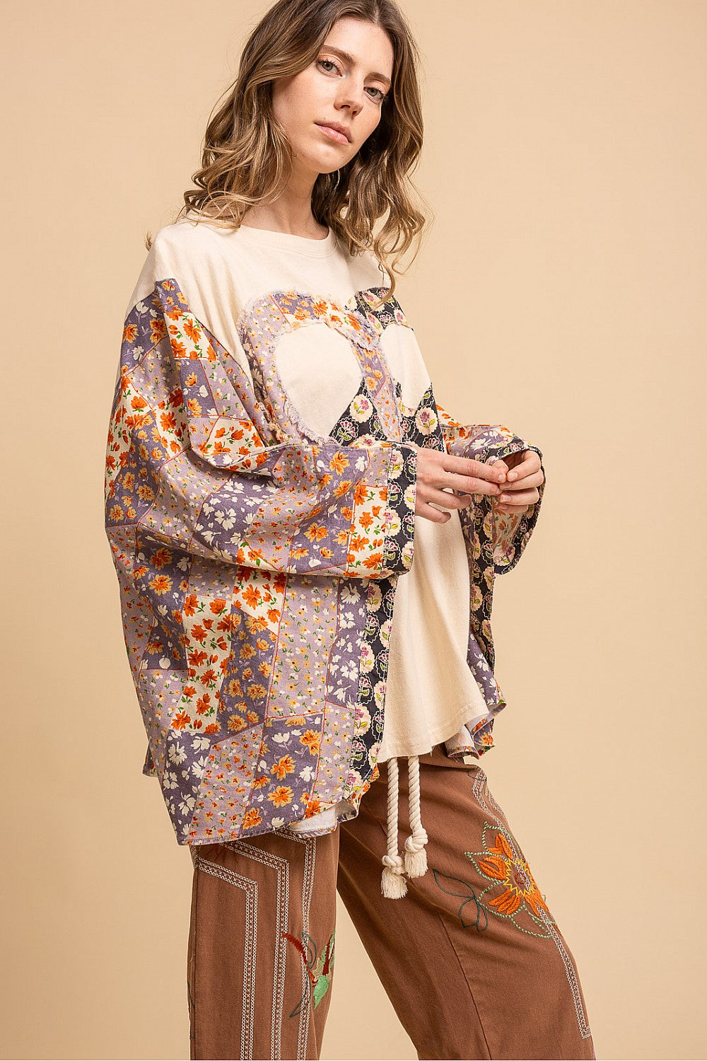 OVERSIZED HEART AND PEACE FLOWER PATCH PONCHO TOP