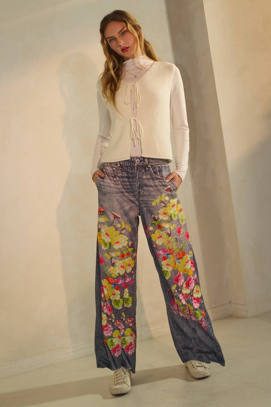 The Curvy Floral & Faux Denim Printed Wide Pants