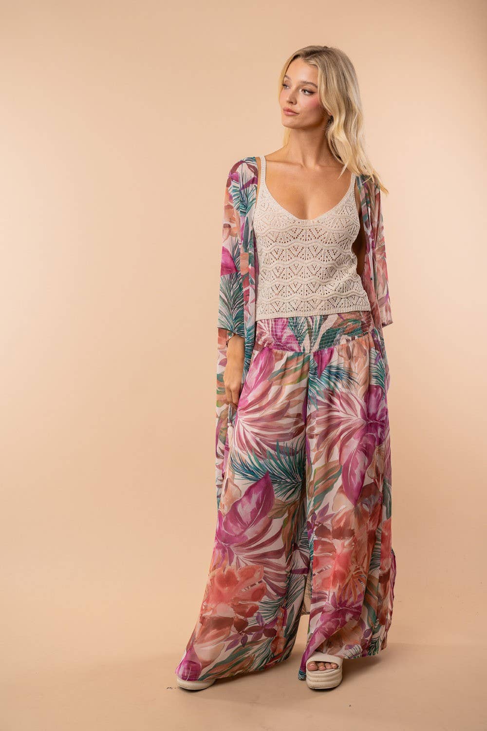 White Birch -Three Quarter Sleeve Tropical Print Knit Kimono