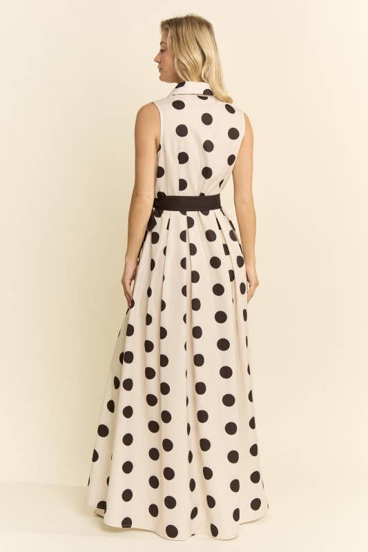 BLACK-POLKA DOT BUTTON DOWN BELTED SLEEVELESS SHIRT DRESS