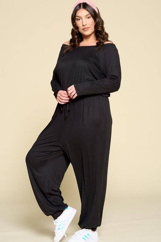 Curvy Black Off Shoulder Casual Jumpsuit