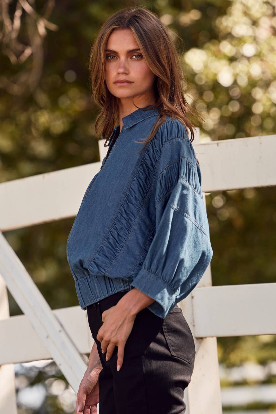Curvy Ruched Denim Zip-up Jacket
