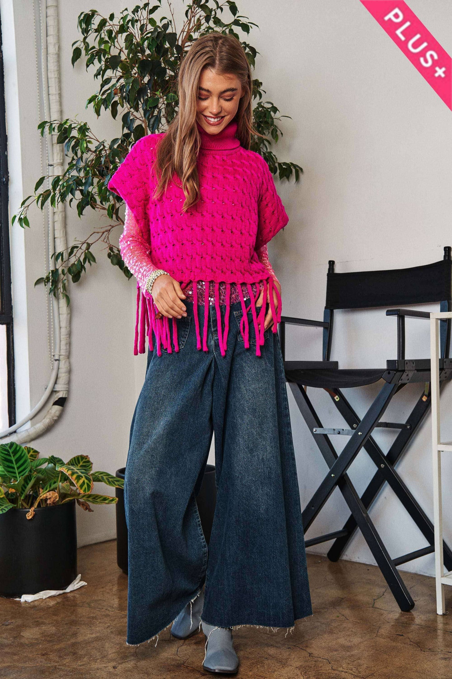 Viva Magenta Fringed Hem Turtleneck Sweater by Davi & Dani
