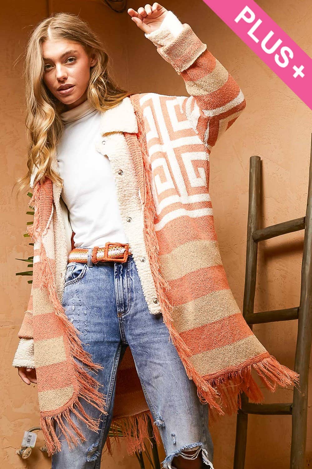 FRINGE GEOMETRIC STRIPE CARDIGAN