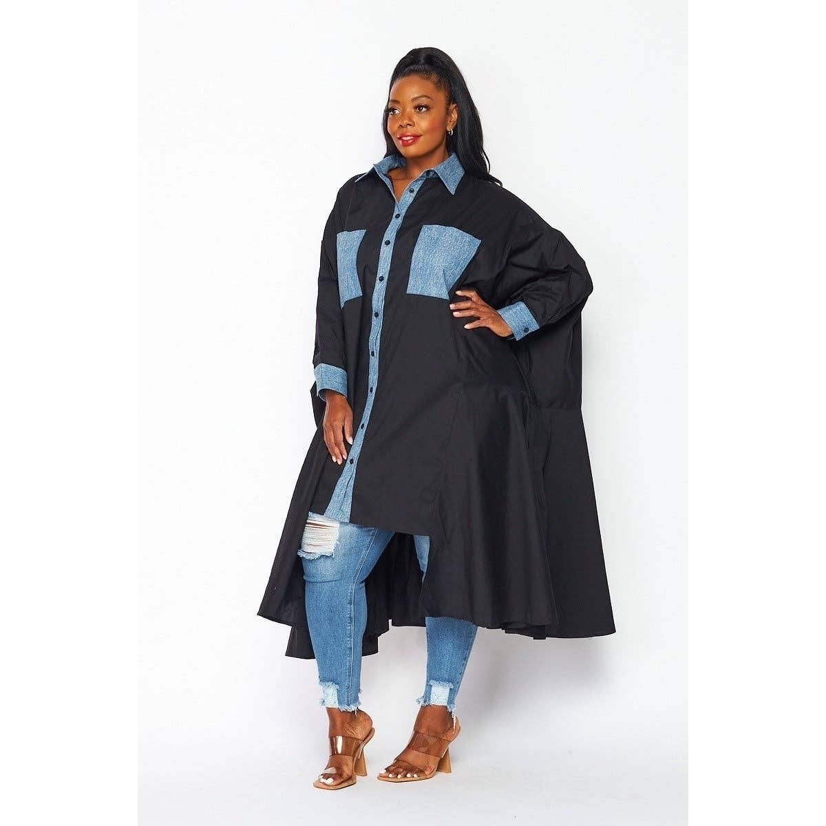 Denim & Black Color-Block Button Down Loose Fit Shirt Dress