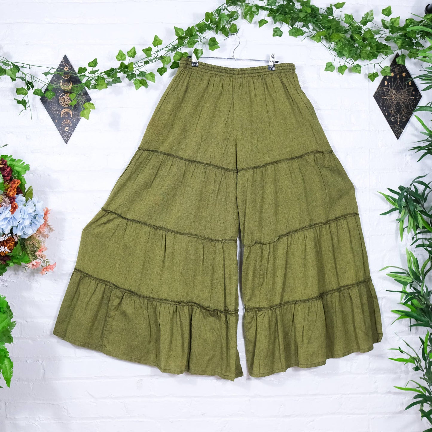 Green Cotton Flowy Boho Tiered Pant with Pockets
