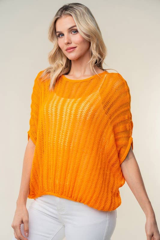 WB- Orange Half Sleeve Solid Knit Sweater Top
