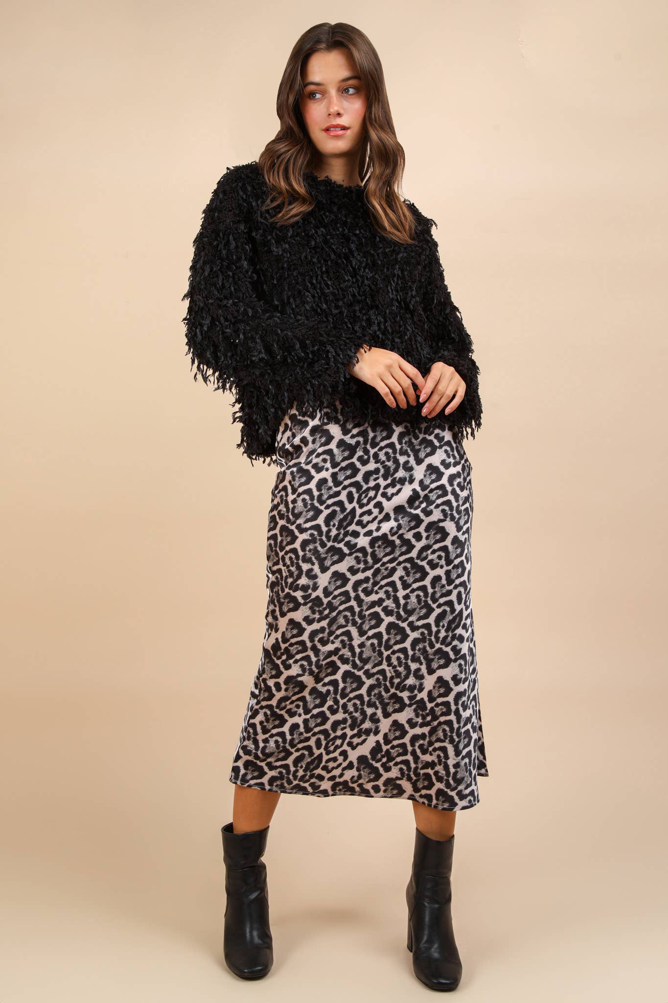 Leopard Printed Bias Cut Midi Skirt: BLACK LEOPARD