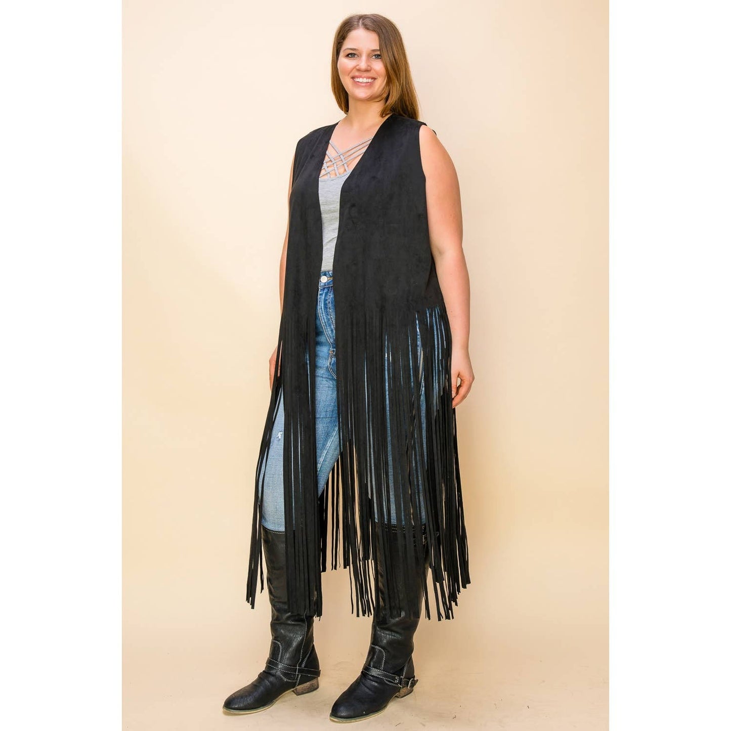 BLACK CURVY SUEDE COWGIRL LONG FRINGE SLEEVELESS CARDIGAN