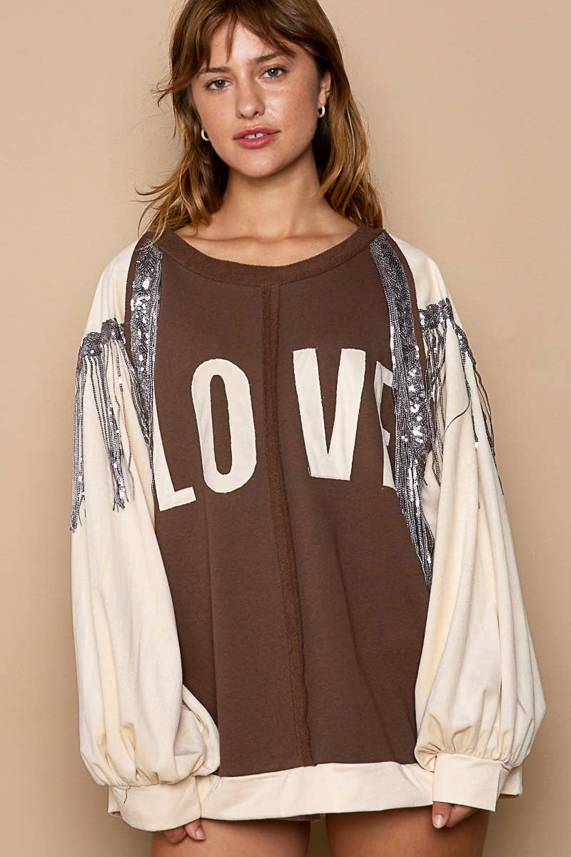 French Terry LOVE Letter Sequin Tassel Top