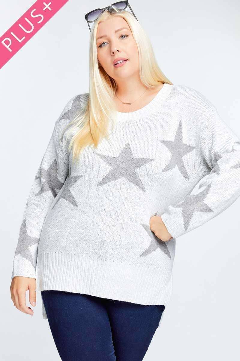 STAR PRINT LONG SLEEVE ROUND NECK SWEATER