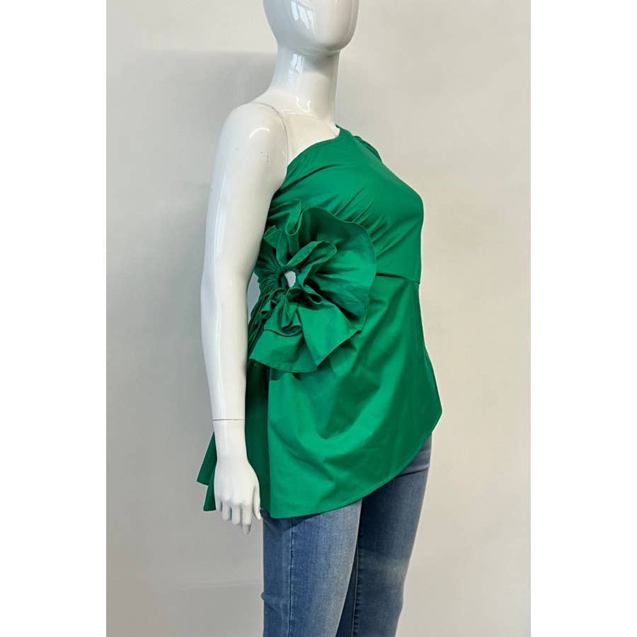 Kelly Green - Curvy Elegance One-Shoulder Hi-Lo Hem Blouse
