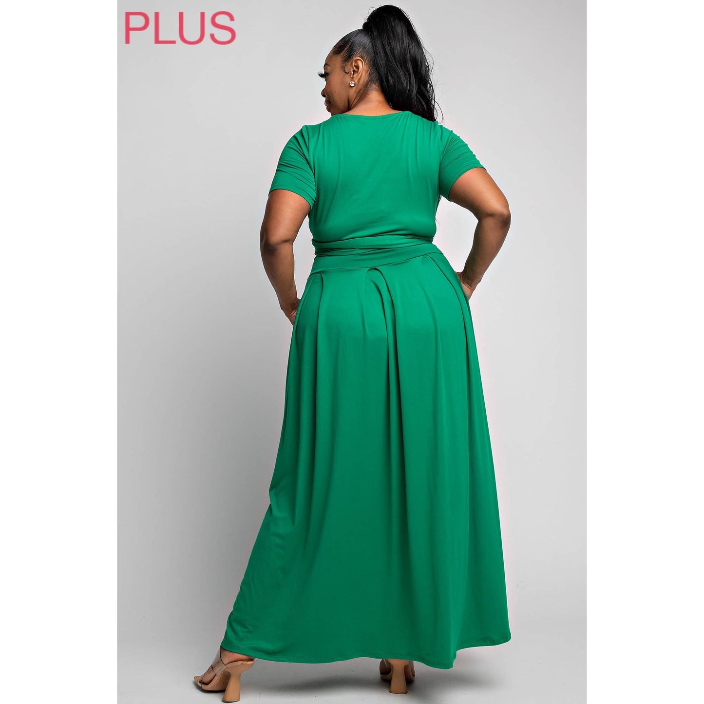 The Curve LA -Green WRAP AROUND SHORT SLEEVE TOP MAXI SKIRT SET
