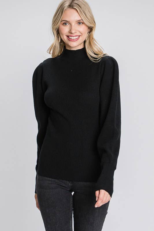Black Mock Neck Solid Sweater by GeeGee