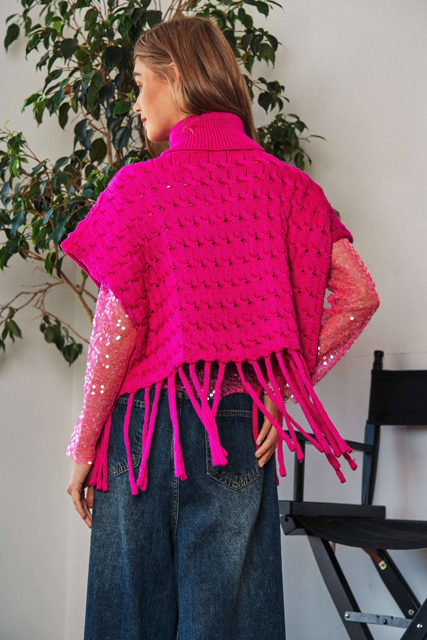 Viva Magenta Fringed Hem Turtleneck Sweater by Davi & Dani