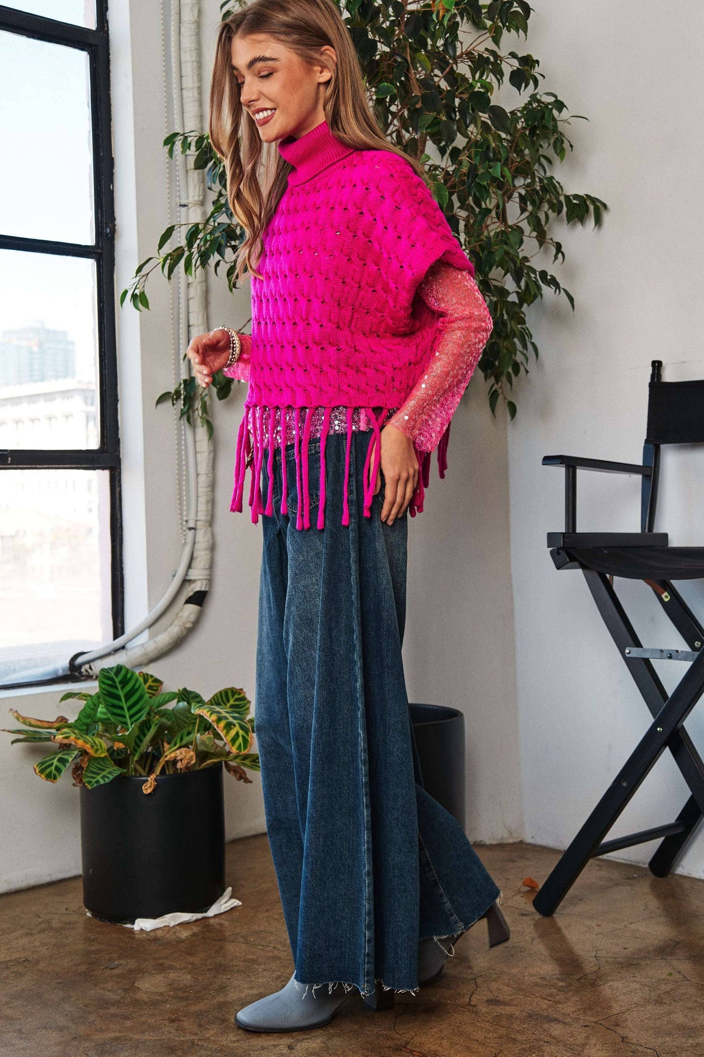 Viva Magenta Fringed Hem Turtleneck Sweater by Davi & Dani
