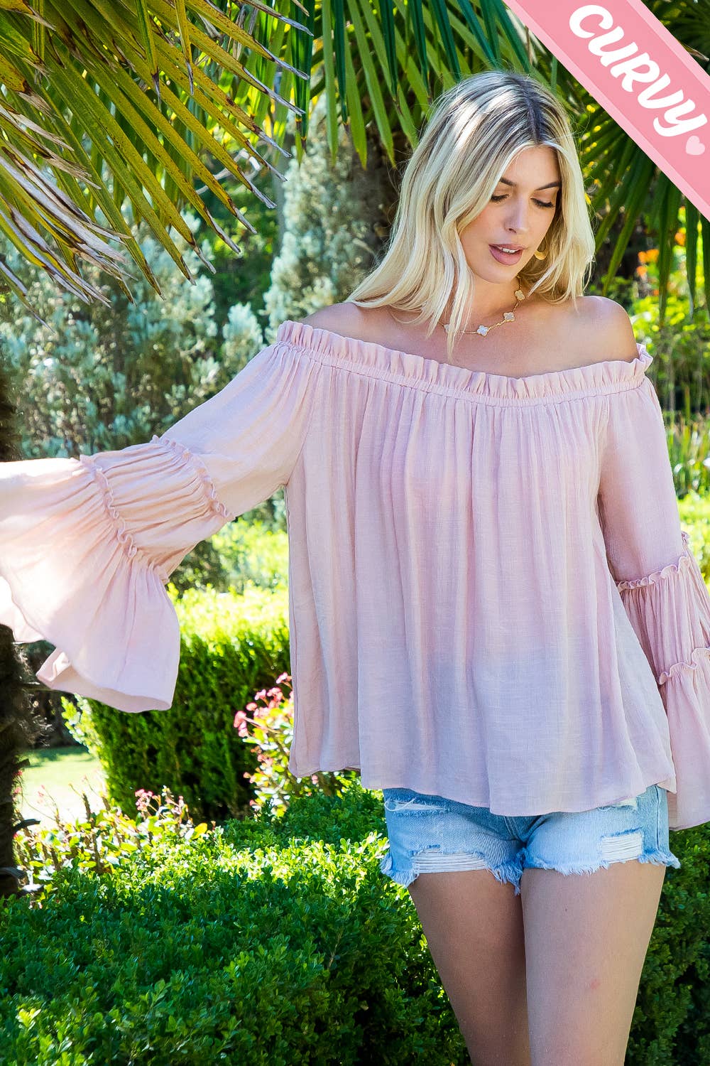 Sweet Lovely by Jen - NUDE PINK CURVY OFF SHOULDER TIERED BELL SLEEVE