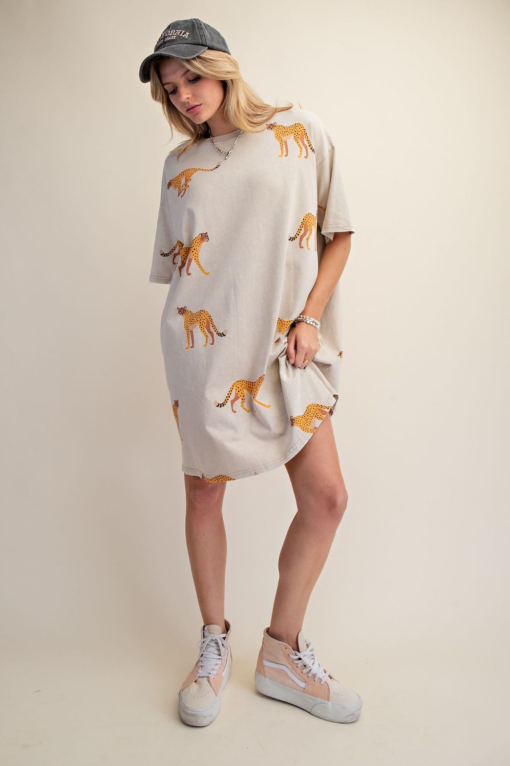 Ecru-MINERAL WASHED CHEETAH PRINT T SHIRT DRESS