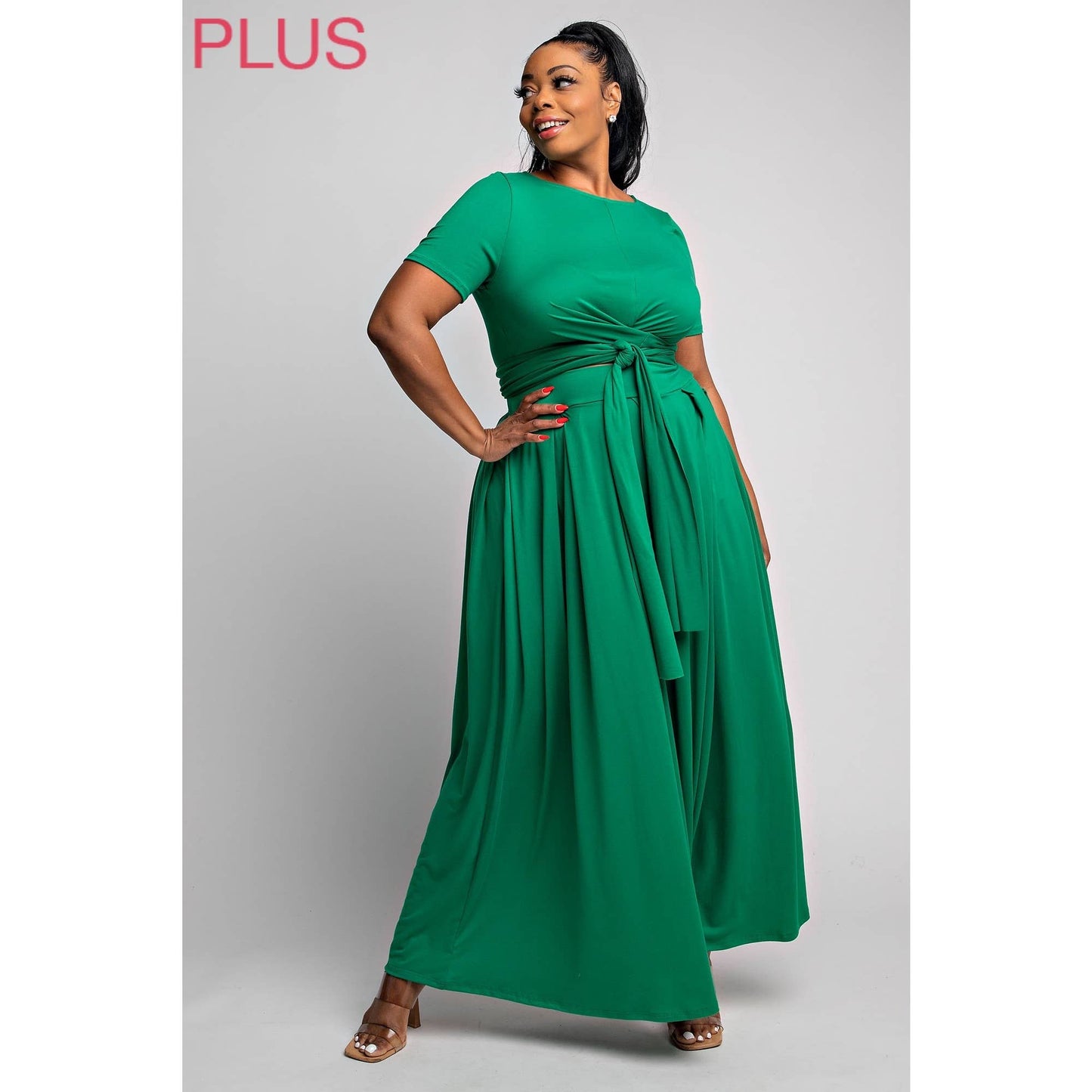 The Curve LA -Green WRAP AROUND SHORT SLEEVE TOP MAXI SKIRT SET