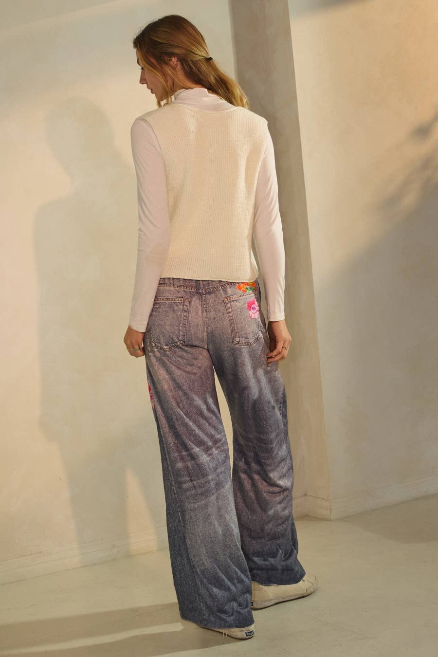 The Curvy Floral & Faux Denim Printed Wide Pants