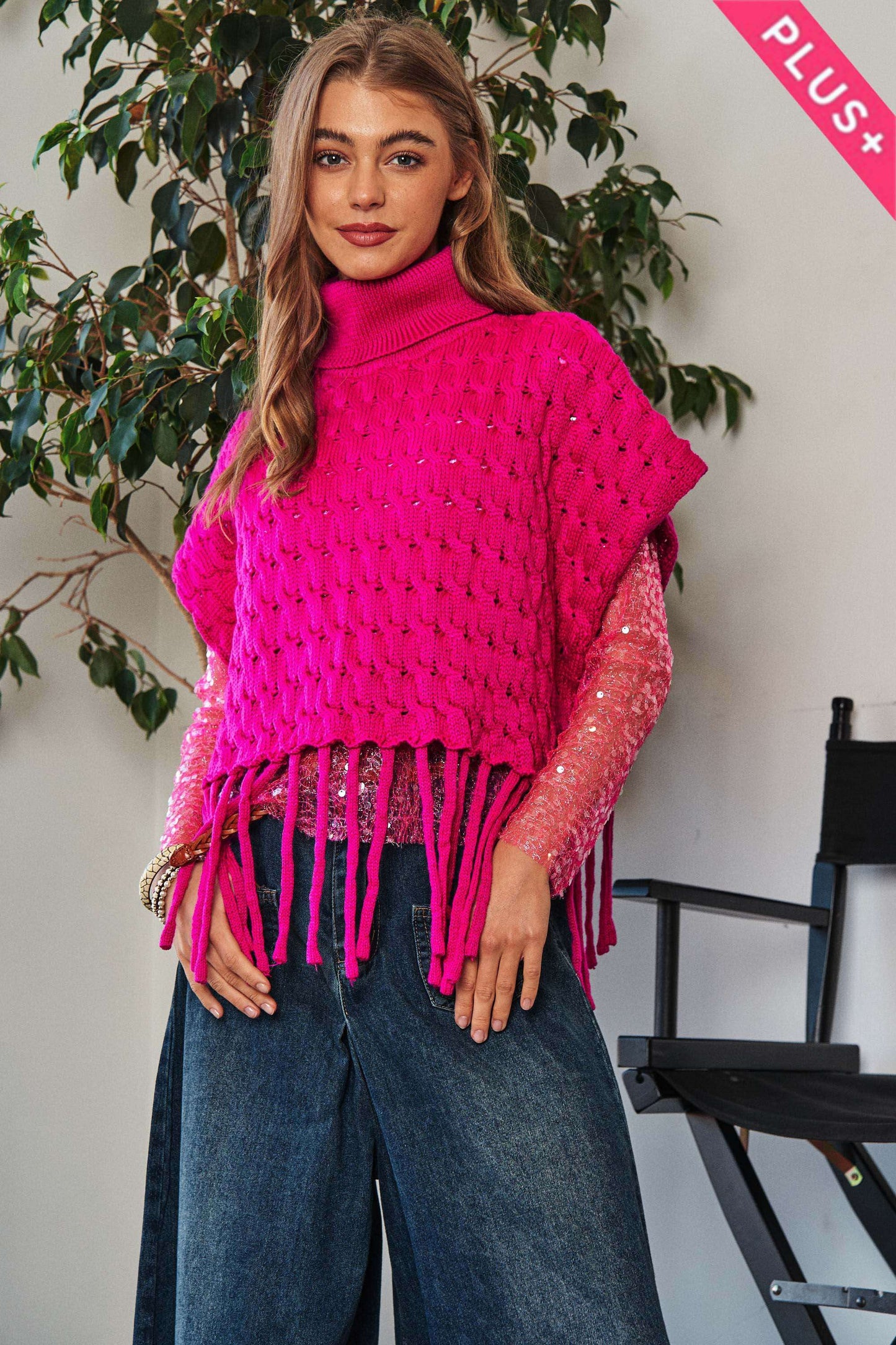 Viva Magenta Fringed Hem Turtleneck Sweater by Davi & Dani