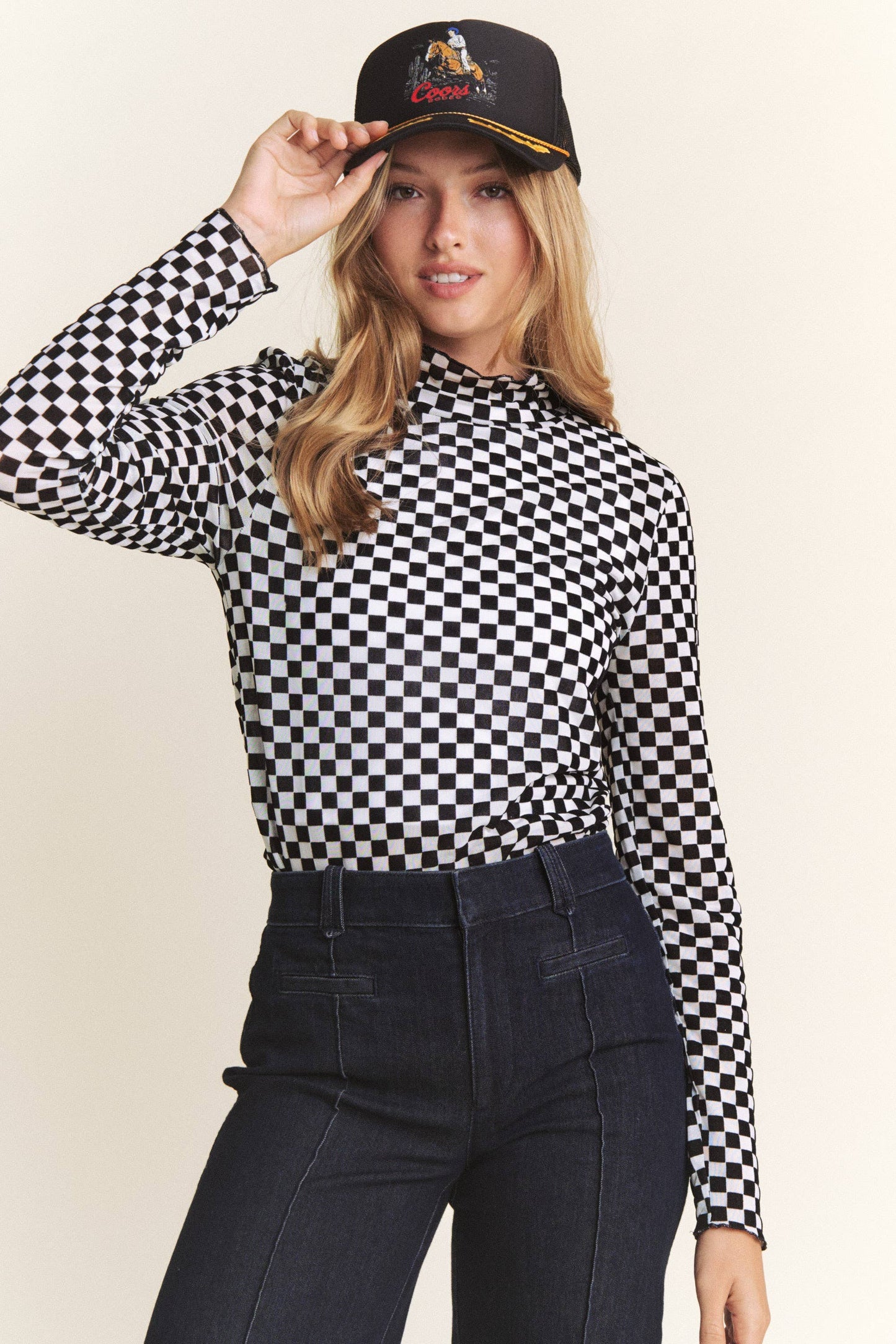CURVY LONG SLEEVE CHECKERED MESH MOCK NECK TOP
