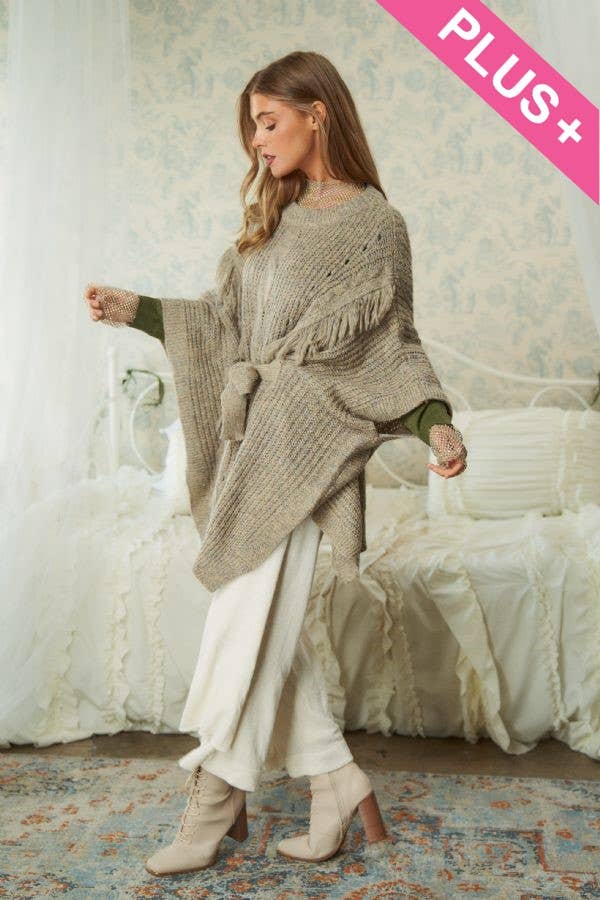 CURVY FRINGED TIE BELT FUZZY PONCHO PULLOVER TOP