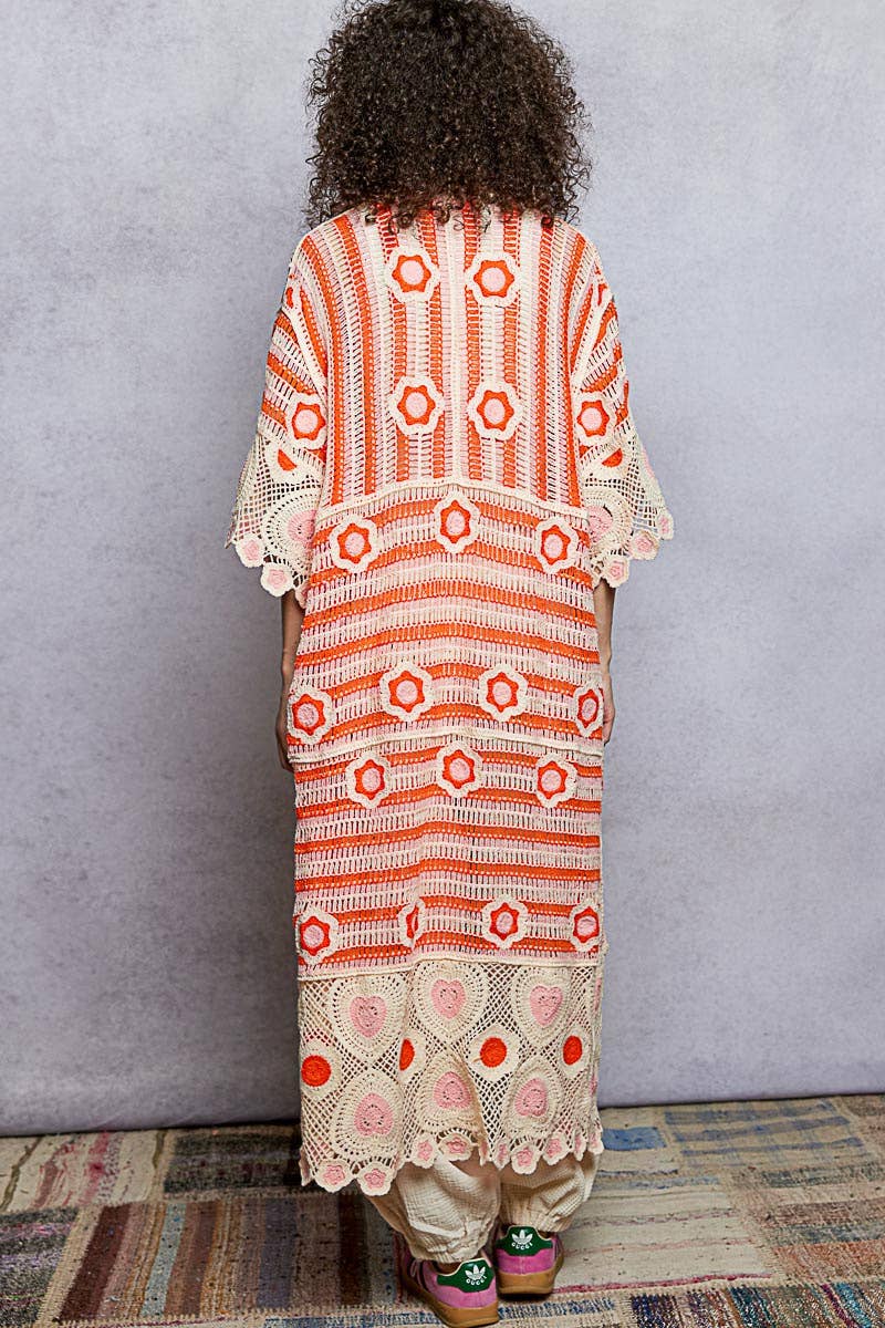 Pol Clothing - 3/4 Sleeve Striped Floral Pattern Crochet Open Cardigan