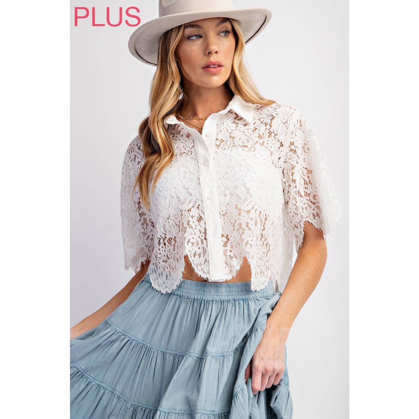 CURVY SCALLOP LACE CROP SHIRT WITH SHORT SLEEVE