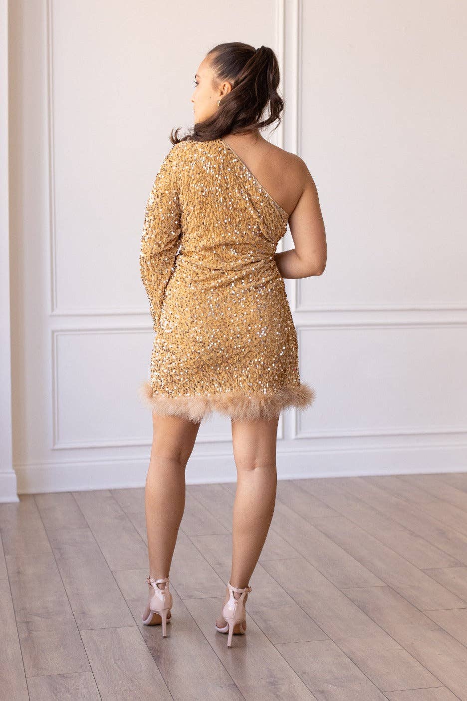 GRACE+EMMA-Feathered Opulence Sequin Dress in Gold